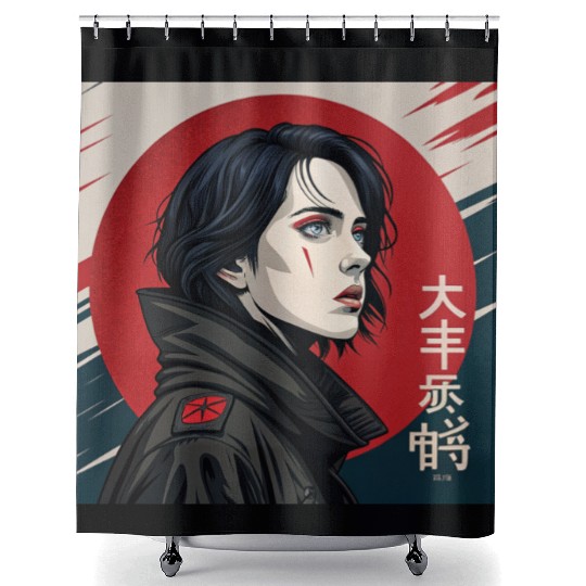 Neo-Tokyo Style: Captivating Woman in a Powerful Shower Curtains