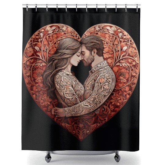 Romantic Couple Embracing in Floral Valentine Hear Shower Curtains