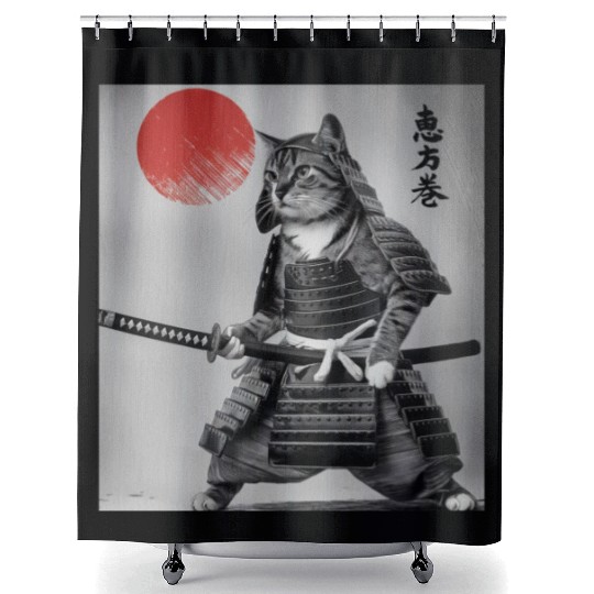 Kawaii Japanese Samurai Cat Vintage Japanese Cat Shower Curtains