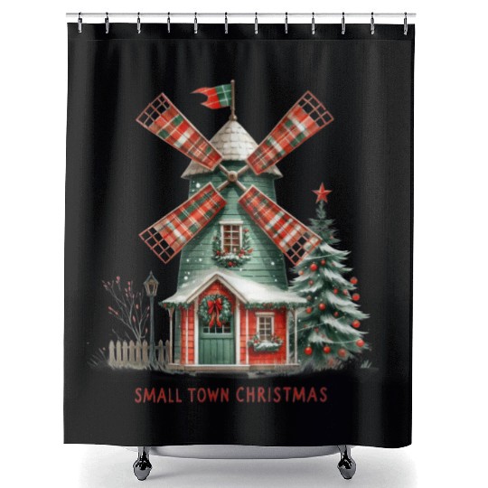 Small Town Christmas Plaid Windmill Shower Curtains