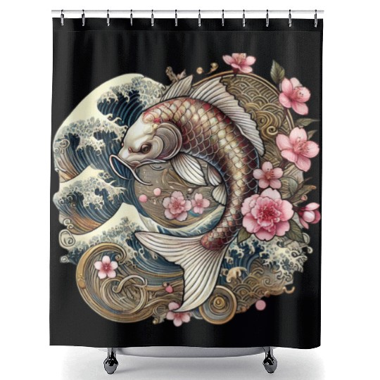 Elegant Koi Fish and Cherry Blossom Design Shower Curtains