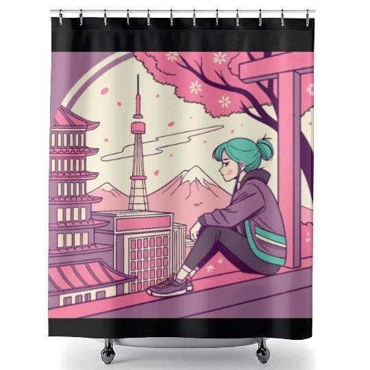 Blossom Breeze: Tokyo Girl Embracing a Tranquil Shower Curtains