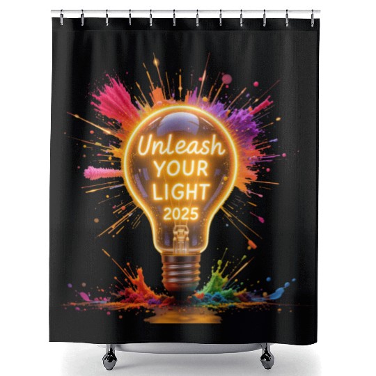 A large starburst glowing in neon light with 2025 Shower Curtains