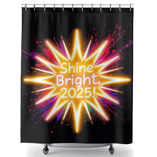 A large starburst glowing in neon light with 2025 Shower Curtains