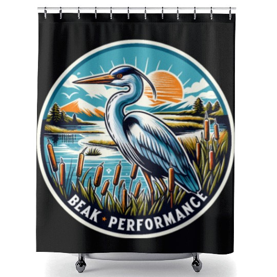 Great Blue Heron Beak Performance Retro Shower Curtains