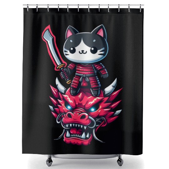 Samurai Cat with Sword on Dragon in Epic 3D Effect Shower Curtains