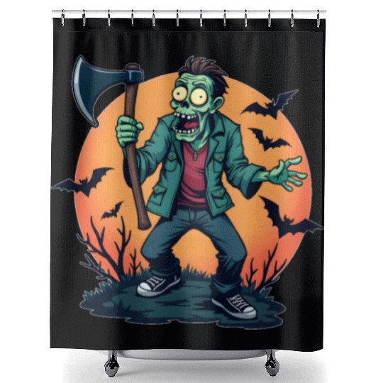Zombie Holding Axe Creepy Halloween Design Scary H Shower Curtains