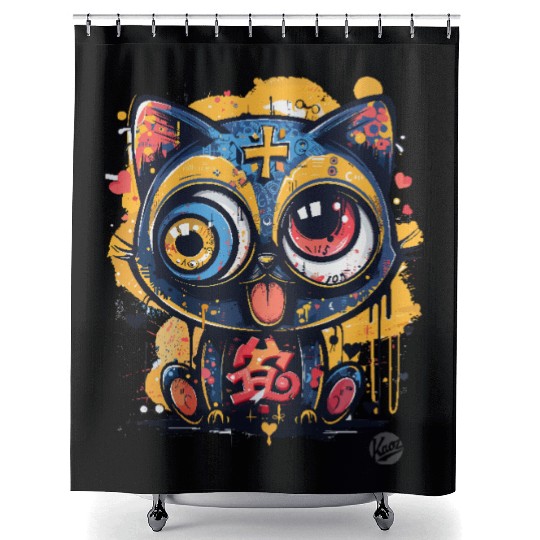 Psycho Lucky Cat – Glitch Meow Madness Shower Curtains
