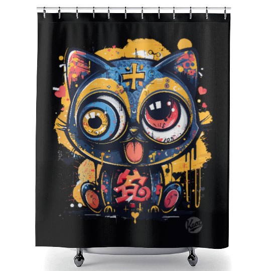 Psycho Lucky Cat – Glitch Meow Madness Shower Curtains