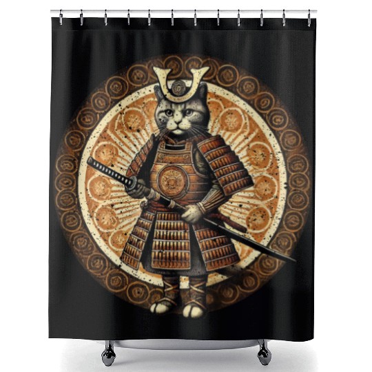 Japanese Samurai Cat Tattoo Kawaii Cat Art Anime Shower Curtains
