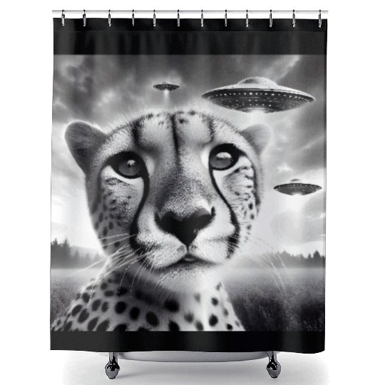 Cheetah Funny Graphic Selfie with UFOs Weird Alien Shower Curtains