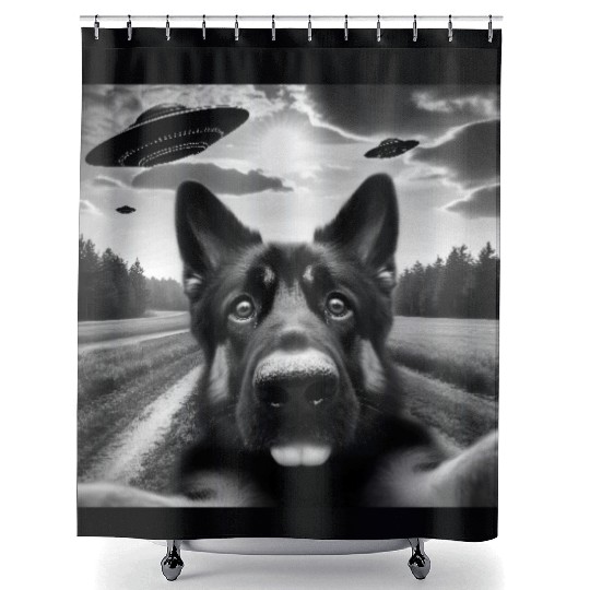German2 Shepherd Funny GSP Selfie with UFOs Weird Shower Curtains
