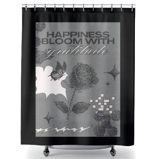 happiness bloom with gratitude saying Shower Curtains