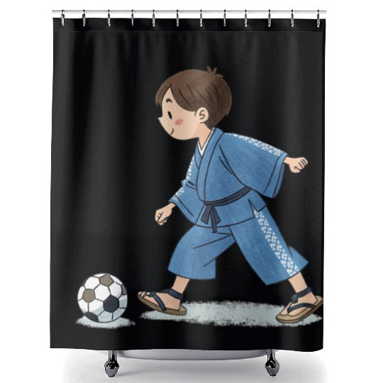 Boy in kimono playing soccer Shower Curtains