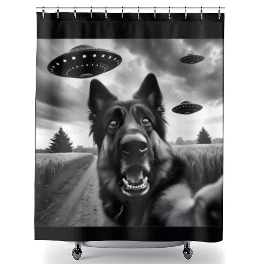 German Shepherd Funny GSP Selfie with UFOs Weird A Shower Curtains