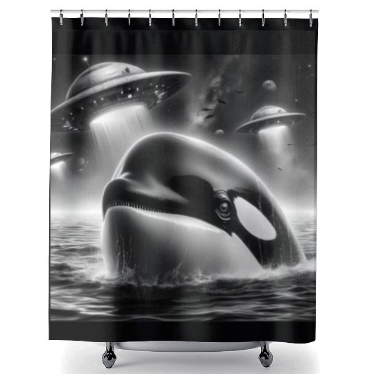 Killer whale Funny Graphic Selfie with UFOs Weird Shower Curtains