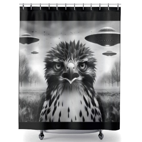 Hawk falcon Funny Graphic Selfie with UFOs Weird Shower Curtains