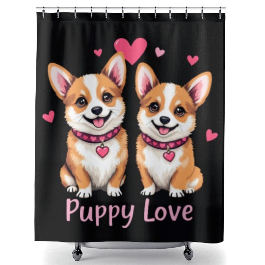 Valentines Day - Puppy Love Corgi dog Shower Curtains