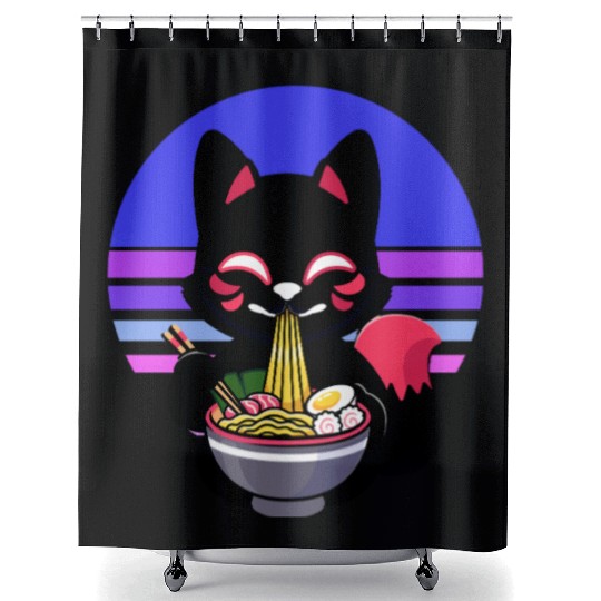 Cat Eating Ramen Noodles Kawaii Anime Japanese Shower Curtains