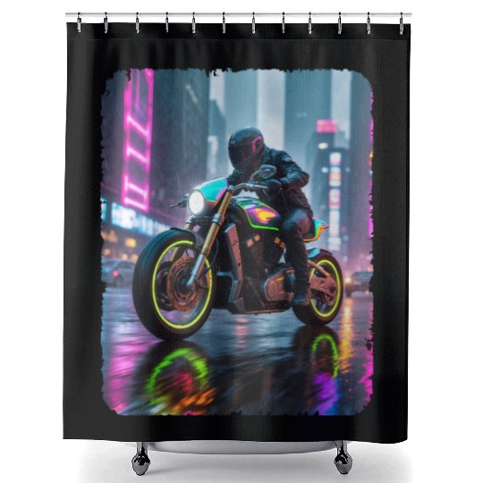 Motorcycle cyberpunk in city Shower Curtains