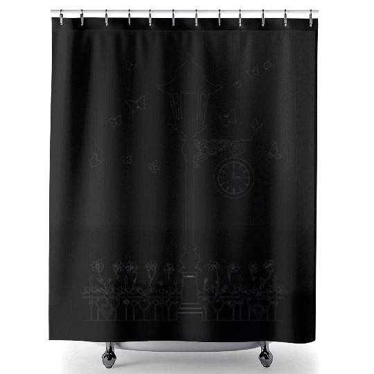 Street Lamp with Clock and Butterflies Silhouette Shower Curtains