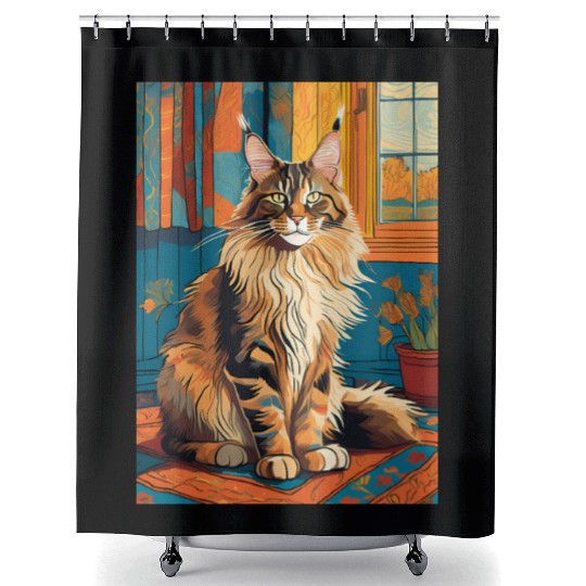 Cat painting red black cat Maine Shower Curtains