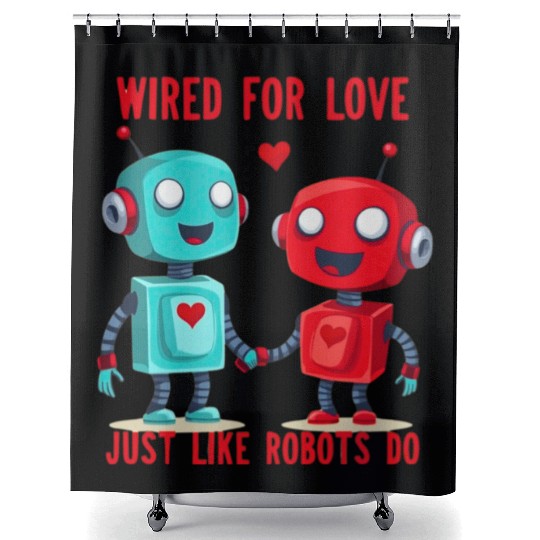 Valentine's Day Gift: Two Robots in Love on Bella Shower Curtains