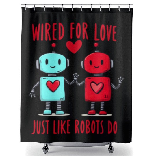 Valentine's Day Gift: Two Robots in Love on Bella Shower Curtains