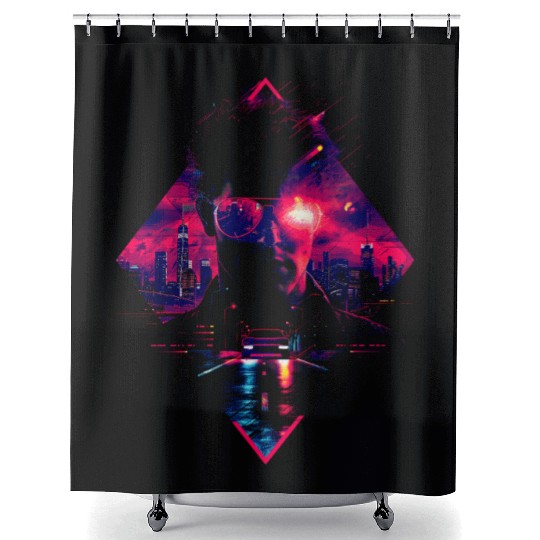 Synthwave Man Retro Car City Vaporwave 90s Shower Curtains