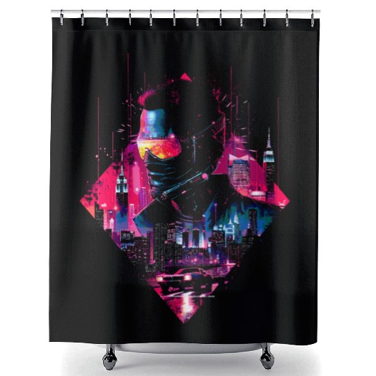 Retro Car Man Vaporwave City Synthwave 90s Shower Curtains
