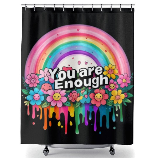 "You Are Enough" Rainbow and Flowers Inspirational Shower Curtains