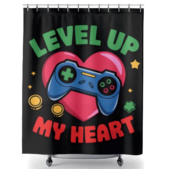 Level Up My Heart - Gaming Valentine's Design Shower Curtains