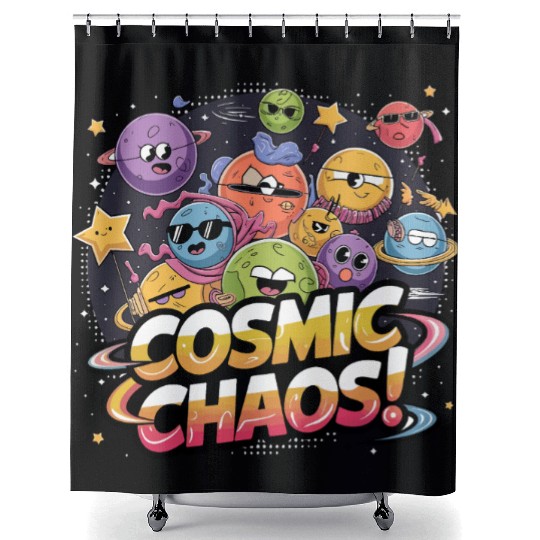 Chaotic Cartoonish Galaxy with Whimsical Character Shower Curtains