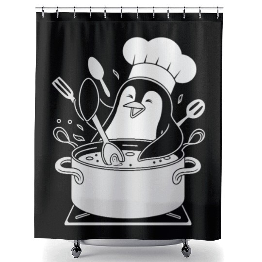 Chef Penguin Cooking with Utensils in Pot Shower Curtains