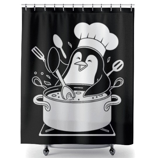 Chef Penguin Cooking with Utensils in Pot Shower Curtains