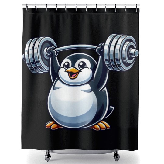 Penguin Barbell Workout Funny Cute Fitness Shower Curtains
