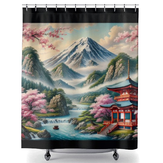 Serene Mount Fuji Landscape Art Print - Japanese C Shower Curtains