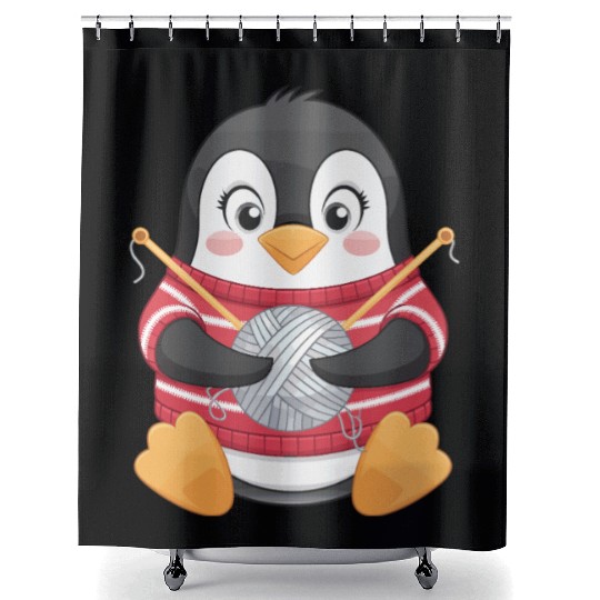 Knitting Penguin with Yarn in Sweater Shower Curtains