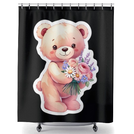 Teddy bear with bouquet of flowers Shower Curtains