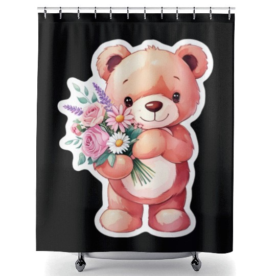 Teddy bear with bouquet of flowers Shower Curtains