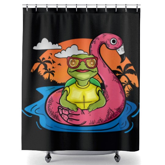 Funny Sea Turtle Swimming Flamingo Pool Sea Turtle Shower Curtains