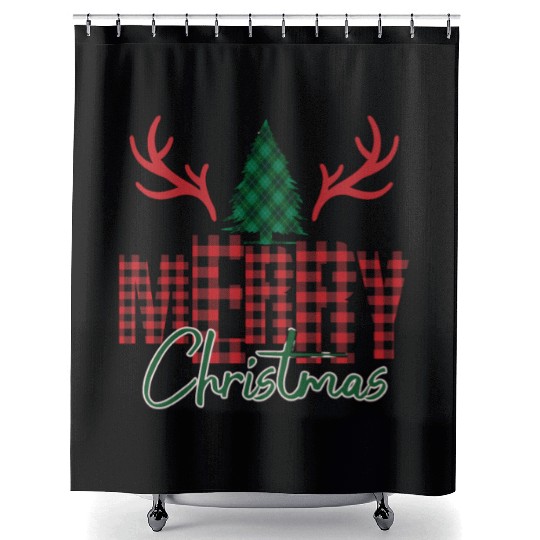 Merry Christmas Plaid Flannel - Tree Antlers Shower Curtains