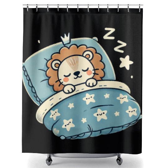 Lion Sleeping In Bed At Night Time Shower Curtains