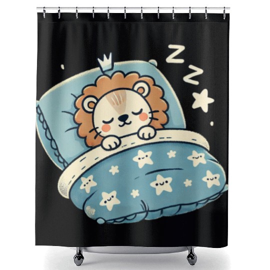 Lion Sleeping In Bed At Night Time Shower Curtains