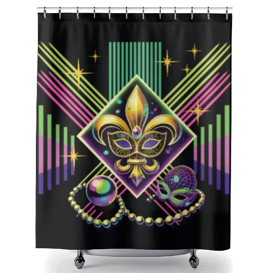 Mardi Gras Retro Synthwave Mask Neon Vibes Shower Curtains