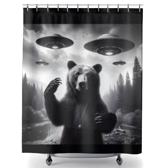 Grizzly Bear Outdoors Graphic Selfie with UFOs Wei Shower Curtains