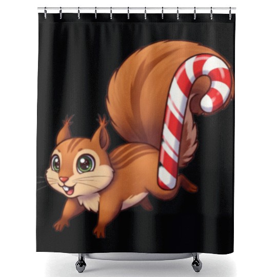 A squirrel with a candy cane tail. Shower Curtains