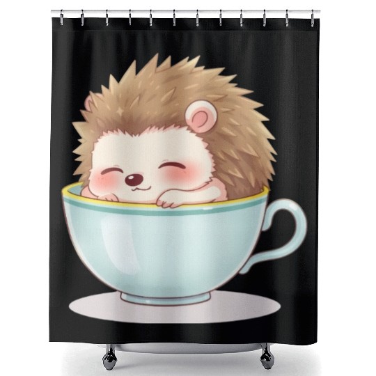 Cute hedgehog relaxing in a light blue cup Shower Curtains