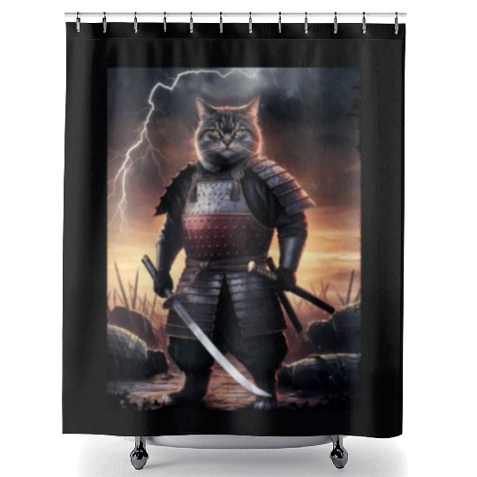 Japanese Cat Samurai Cat Shower Curtains