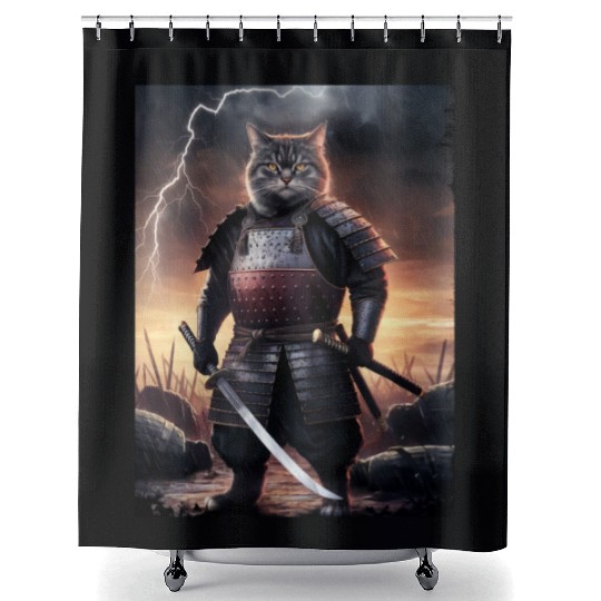 Japanese Cat Samurai Cat Shower Curtains